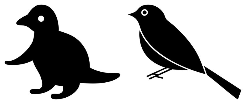 Simple black silhouette of a flightless penguin, also known as a pingu, alongside a small songbird, or feathered friend, rendered in a clean graphic style.