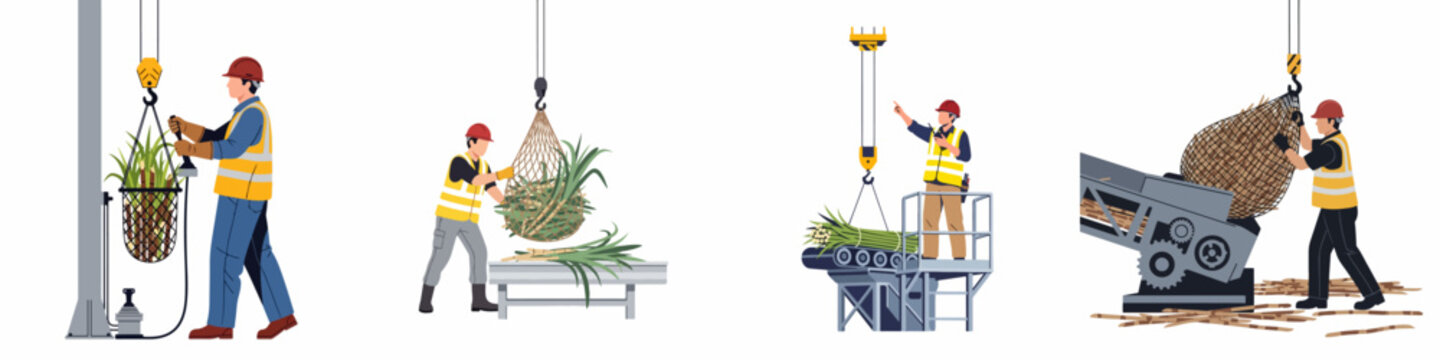 Industrial illustration set featuring workers in a sugarcane processing plant operating cranes, conveyor belts, and heavy machinery for sugar production.