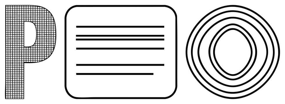 Trio of graphic elements consisting of a letterform, a text box frame, and concentric oval rings. This set includes a glyph, a stencil style letter, and various typographic shapes.
