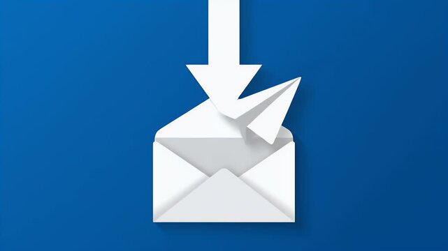 White paper airplane flying into an open envelope on blue