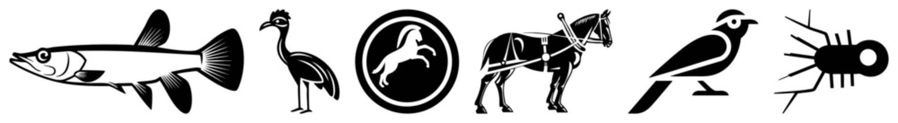 Fototapeta premium This set features a sleek, a graceful crane, a spirited stallion, and a bird. These animal silhouettes, including a small bug, provide clean for various creative projects.