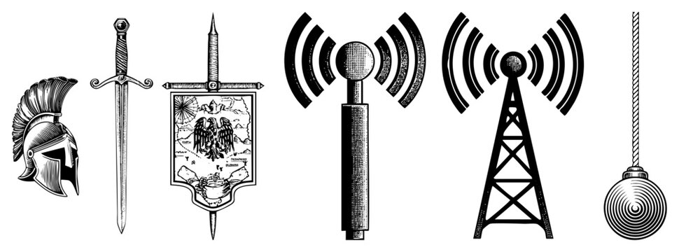 Antique weaponry collection including a gladiator helm and sharp blades alongside broadcast antennas. Features a classic spartan bucket and masts for historical or technical themes.