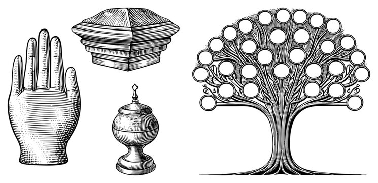 This vintage etching set features a palmistry hand, a mystical life tree, and an ornate urn. Each hamsa and is rendered in a detailed woodcut style with fine hatching.