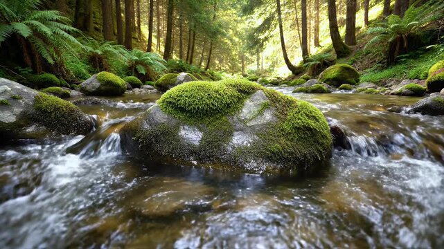 Sunlit forest stream flows over mossy rocks and ferns