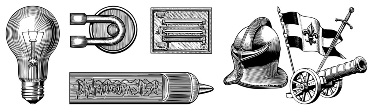This collection features a classic light bulb, a medieval morion, and a battle cannon alongside a fleur de lis banner. These etched elements include a heavy field gun and a bright incandescent lamp.