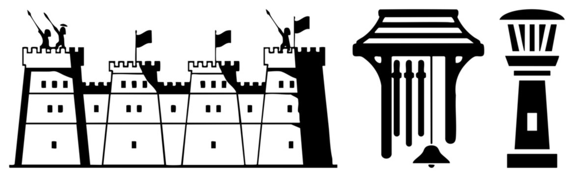 Silhouette of a fortified stronghold, featuring a keep and defensive. This set includes a garrison outpost, a temple bell, and a ceremonial totem pole.