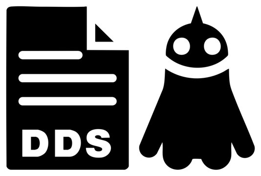 Flat glyph style DDS file symbol paired with a cute little bot or droid companion. This digital document features a folded corner and bold white text on a black silhouette.