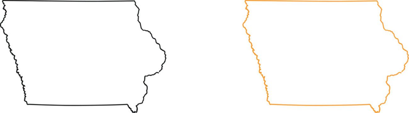 Black and orange outline map of iowa state in the united states of america