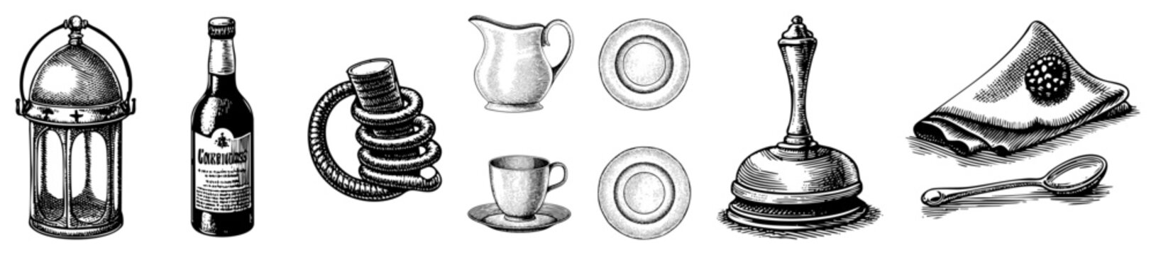 Classic etchings featuring a garden lantern, glass bottle, coiled spring, and ceramic pitcher. This collection of old school kitchenware and household accoutrements offers a timeless feel.