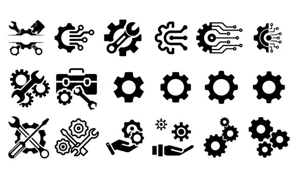 Mega gears and maintenance icon set, black solid vector illustration of mechanical cogwheels collection bundle with tools and circuit lines for software control panel and engineering UI pack