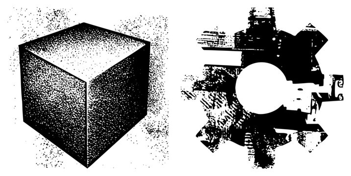 Textured stipple block and mechanical gear, often called a polyhedral shape or a, rendered in a high contrast grunge style. This gritty component pair features heavy halftone grain.