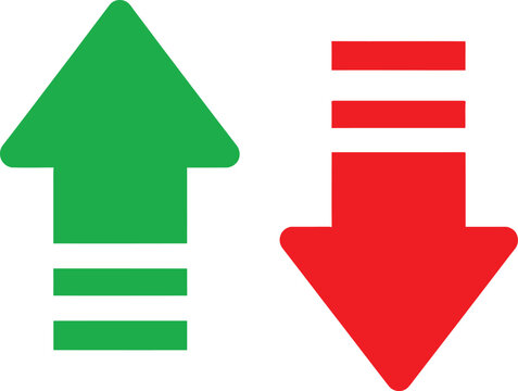 Green up arrow and red down arrow symbols for business growth and decline analysis