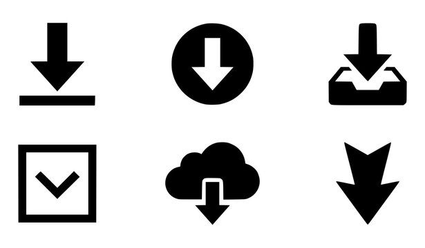 Download and Cloud Storage Icon Set Featuring Black Silhouette Arrow Symbols for File Transfer Digital Media Apps Website Interfaces and Data Computing Information Technology