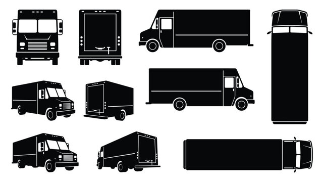 Delivery Van Box Truck Silhouette Set &mdash; Commercial Cargo Vehicle Transportation Vector Icons Isolated on White
