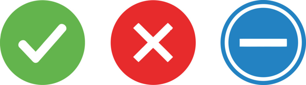Set of colorful check mark cross and minus sign icons for decision making and choice selection