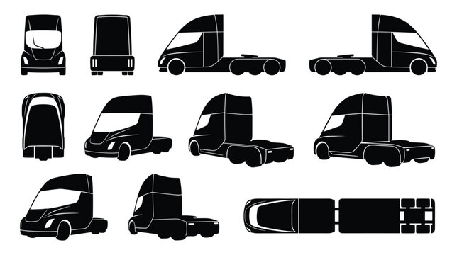 Electric Semi Truck Silhouette Set &mdash; Modern Futuristic Multiple Views Vector Illustration Isolated