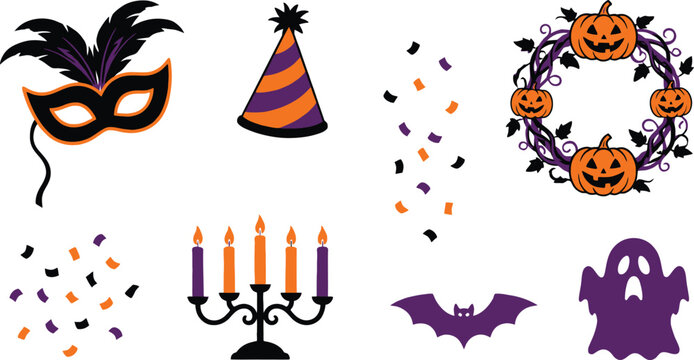 Halloween party element and spooky celebration icon vector set