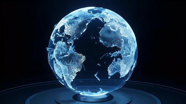 A glowing blue globe rests on a dark platform against a black backdrop