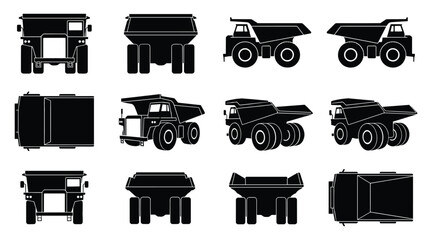 Mining Dump Truck Silhouette Set — Multiple Views Vector Illustration Isolated on White Background © selena