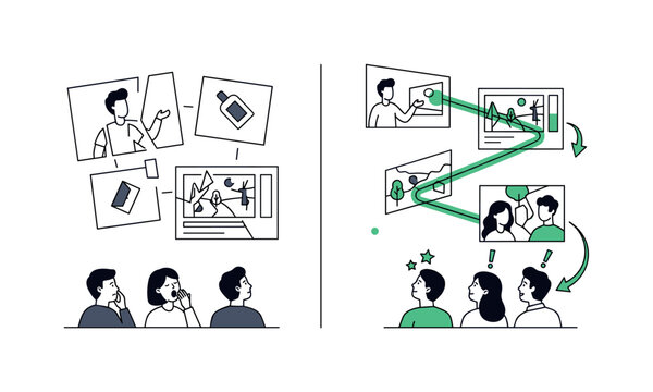 Split scene showing left side weak storytelling with fragmented visuals and low engagement, right side strong narrative with