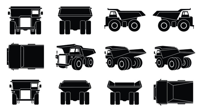Mining Dump Truck Silhouette Set &mdash; Multiple Views Vector Illustration Isolated on White Background