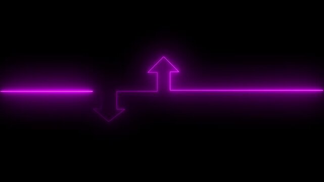 Neon glowing down and up arrow icon black background animation.
