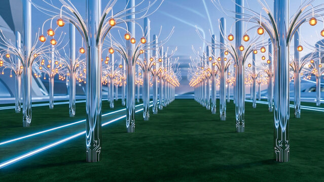 A modern, surreal garden featuring rows of chrome, tree-like structures with glowing amber orb lights on thin branches, standing on a lush green lawn under a clear sky