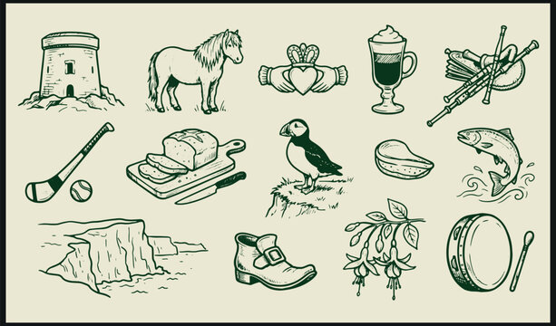 Irish heritage illustration with cultural symbols animals and traditions