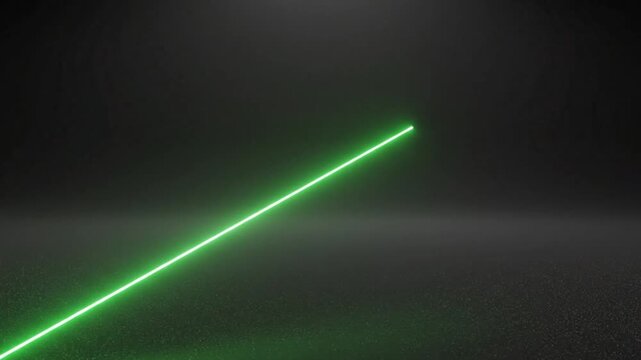 Bright green laser beam cutting through dark space with a subtle glowing effect and reflective surface