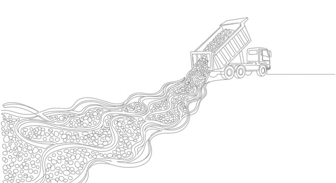 Dump truck unloading gravel into winding river, illustration, construction, earthmoving
