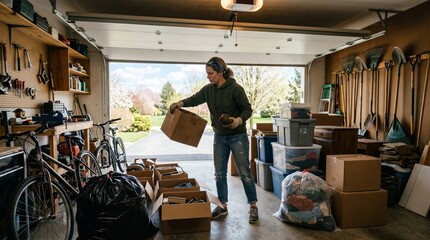 Fototapeta premium Woman organizing garage with boxes and tools, preparing for spring cleaning or moving out