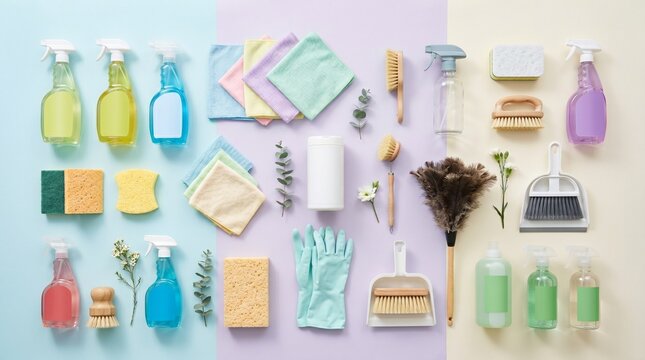 Collection of cleaning supplies including spray bottles sponges brushes dusters gloves and cloths arranged neatly on a pastel background
