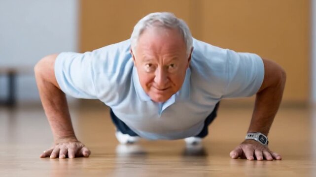 Senior Man Doing Push-Ups: A determined senior man, focused and strong, performs a push-up on a wooden floor, embodying the spirit of active aging and healthy living.