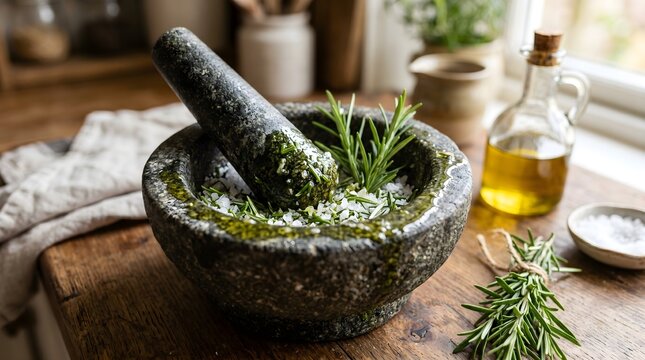 A horizontal shot of a rustic mortar and pestle containing crushed sea salt and sprigs of fresh rosemary, with fine herb oil glistening on the granite surface.