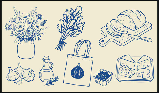 Rustic kitchen illustration with bread cheese olives and fresh produce