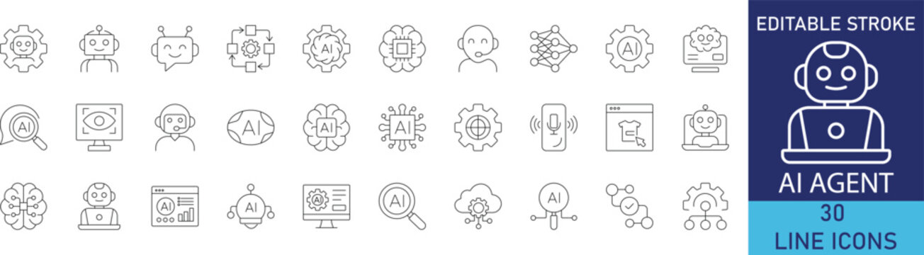 AI agent and autonomous artificial intelligence workflow line icon set. Vector symbols for smart automation, machine learning assistants, cognitive computing, and digital neural bots.
