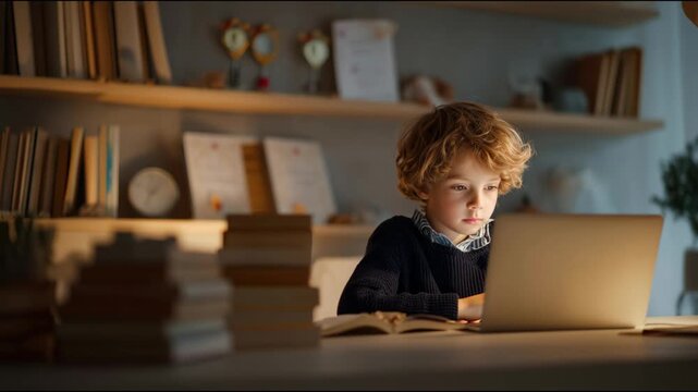Cute clever child using a laptop computer for online learning and homework in his room at night