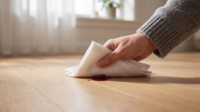 Cleaning a red wine stain from a wooden floor with a white cloth