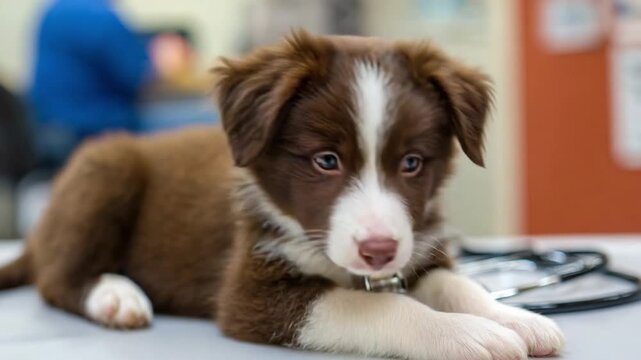 Adorable Border Collie Puppy at Vet: A cute brown and white border collie puppy looking directly at the camera with expressive eyes, resting on a table with a stethoscope nearby.