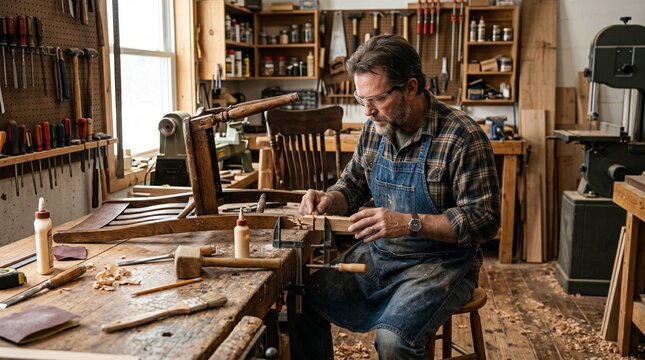 Skilled carpenter with beard and glasses works on wooden chair repair in a cluttered workshop with tools and machinery