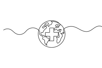 Obraz premium World Health Day continuous line drawing with earth and medical cross outline