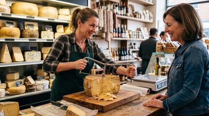 Fototapeta premium Smiling shopkeeper cutting a large wheel of cheese for a customer in a specialty food store