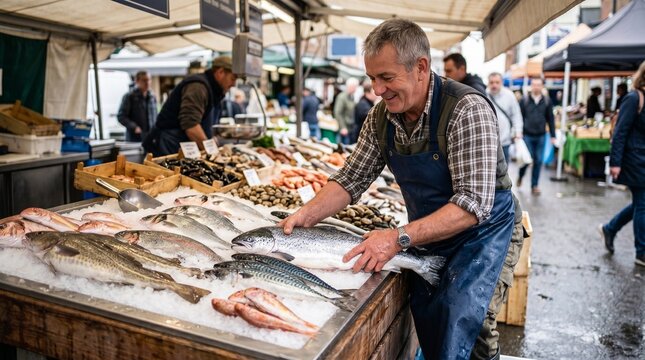 Smiling fishmonger arranging fresh salmon and cod on ice at an outdoor market stall with customers in the background