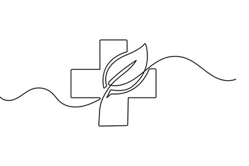 Obraz premium World Health Day continuous line drawing of a medical cross with leaves