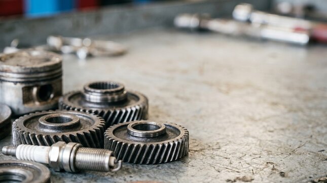 Car engine parts with metal gears and a spark plug on a scratched workbench in a mechanic garage