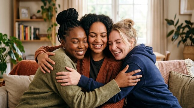 Three diverse women friends hugging warmly and laughing together on a couch in a cozy living room setting
