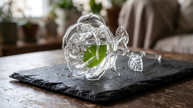 A horizontal close-up of a hollow rose sculpted from clear, hand-blown glass, filled with pristine water and a single green leaf, resting on a dark slate board.