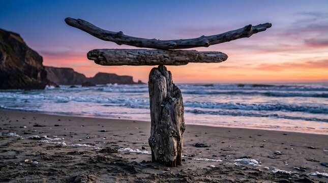 A horizontal composition of three weathered pieces of sea-grey driftwood balanced on top of each other in an impossible, vertical T-shape on a sandy beach at twilight.