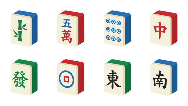 Mahjong Tile Set 8 Classic Tiles Flat Vector Illustration