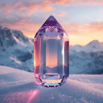 Beautiful glowing purple faceted crystal gemstone resting in snow against mountain sunset